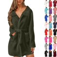 thumbnail image 1 of Fengactive Womens Collared Fleece Robe Textured Lapel Tie Waist Patch Pockets Short Loungewear, 1 of 3