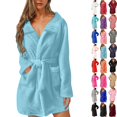 thumbnail image 1 of Fengactive Womens Collared Fleece Robe Textured Lapel Tie Waist Patch Pockets Short Loungewear, 1 of 3
