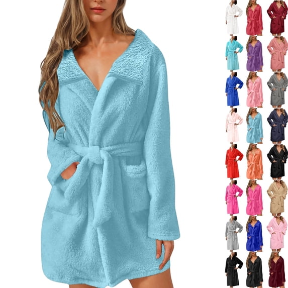 Fengactive Womens Collared Fleece Robe Textured Lapel Tie Waist Patch Pockets Short Loungewear