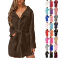 thumbnail image 1 of Fengactive Womens Collared Fleece Robe Textured Lapel Tie Waist Patch Pockets Short Loungewear, 1 of 6