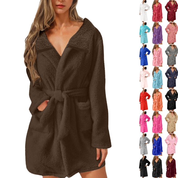 Fengactive Womens Collared Fleece Robe Textured Lapel Tie Waist Patch Pockets Short Loungewear