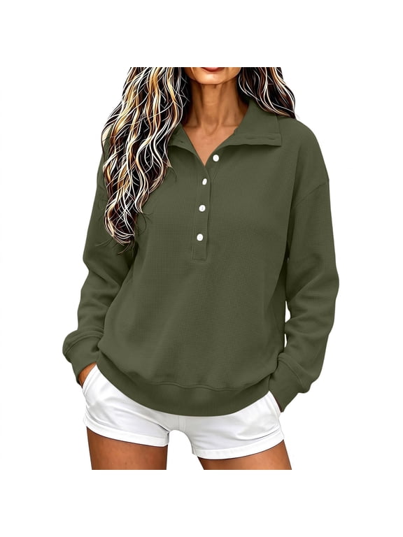 Womens Collared Half Button Sweatshirt Textured Grid Side Split Relaxed Casual Top