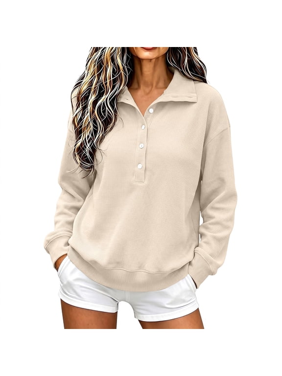 Womens Collared Half Button Sweatshirt Textured Grid Side Split Relaxed Casual Top