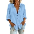 thumbnail image 1 of QINGFSAP Womens Collarless Button Down Shirt Relaxed Fit Long Sleeve Pocket Casual Blouse, 1 of 9