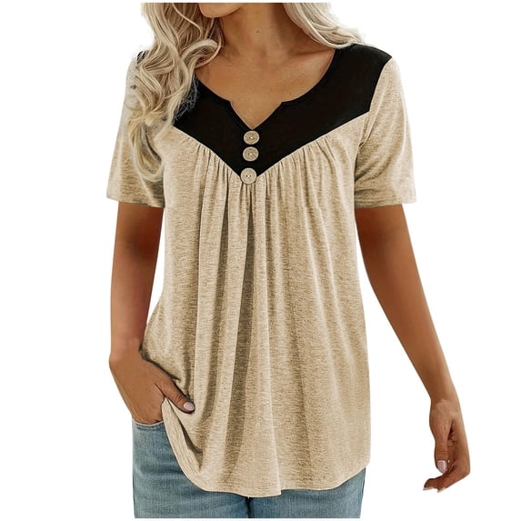 Fengactive Womens Color Matching V-Neck Button Shirts Loose Blouses Fashion Summer Short Sleeve Plus Size Tunic Tops
