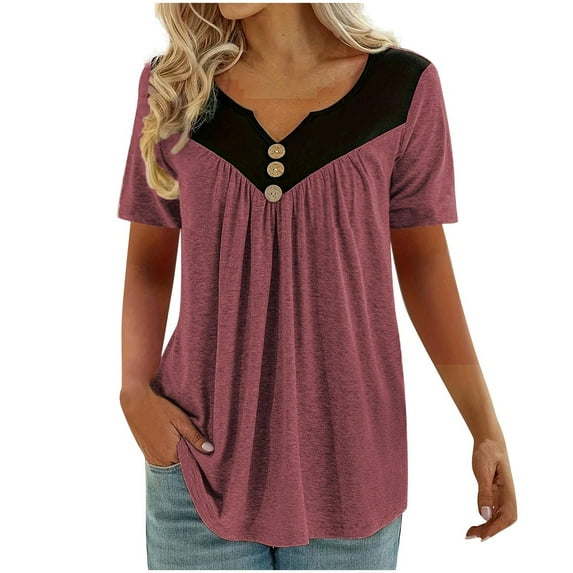 Fengactive Womens Color Matching V-Neck Button Shirts Loose Blouses Fashion Summer Short Sleeve Plus Size Tunic Tops