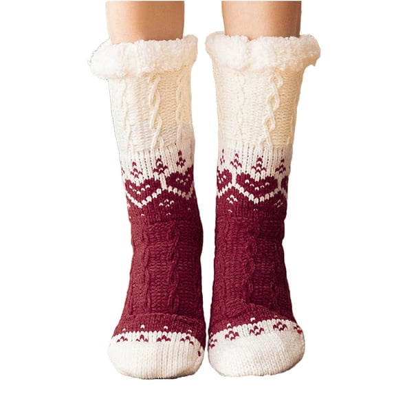 Fengactive Womens Colorblock Floor Socks Cable Knit Sherpa Lined Home Socks Thick Non Slip Mid Calf