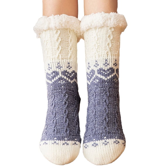Fengactive Womens Colorblock Floor Socks Cable Knit Sherpa Lined Home Socks Thick Non Slip Mid Calf