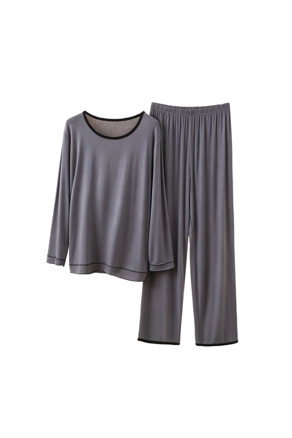 Womens Contrast Trim Lounge Set Crew Neck Long Sleeve Top and Wide Leg Pants Sleepwear