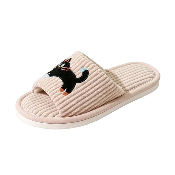 QINGFSAP Womens Cozy Plush Open Toe Slippers Embroidered Cat Design Non Skid Flat Sole Winter House Slippers