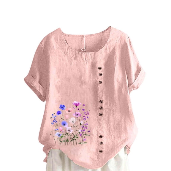 Fengactive Womens Crew Neck Floral Print Shirts Short Sleeve Tops Loose Fit Blouses Trendy Button Down Shirts