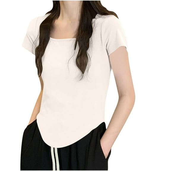 Fengactive Womens Crew Neck Short Sleeve T Shirts Solid Color Low Cut Casual Blouse T-Shirts Summer Tops for Women