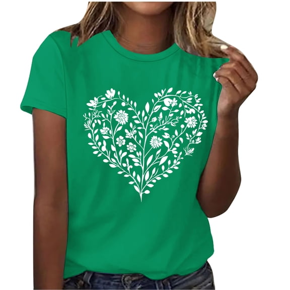Fengactive Womens Crewneck Short Sleeved Heart Graphic Shirts Summer T-Shirts Casual Cute Loose Fit Tee