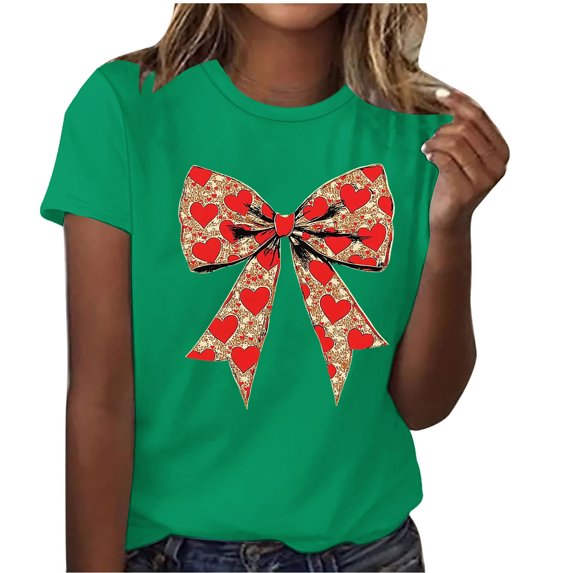 Fengactive Womens Crewneck Short Sleeved Heart Graphic Shirts Summer T-Shirts Casual Cute Loose Fit Tee