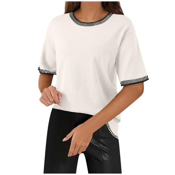 Fengactive Womens Crop Tops Dressy Casual Short Sleeve Shirts Trendy Color Block Crew Neck Tees Cute Blouses