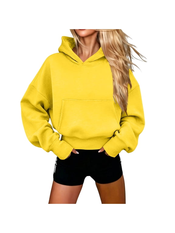 Womens Cropped Hoodie Kangaroo Pocket Drop Shoulder Long Sleeve Casual Pullover