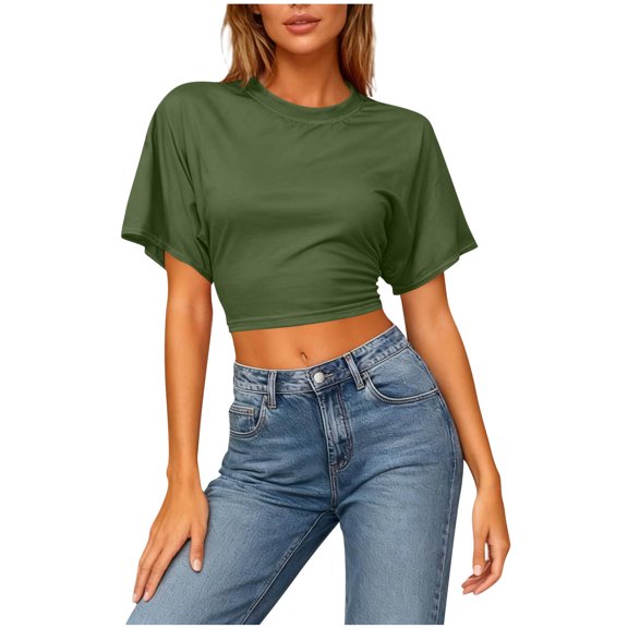 Fengactive Womens Cropped Tshirts Round Neck Short Sleeve Solid Color Casual Tops Slim Fit Cool Cute Summer Street Outfits