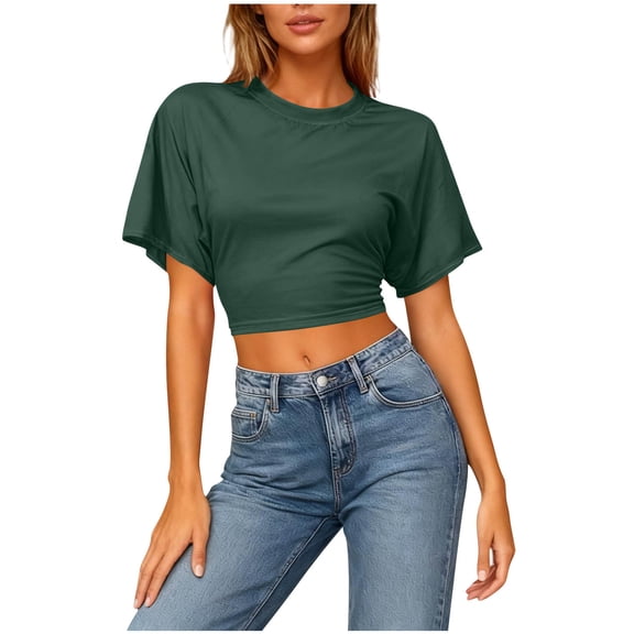 Fengactive Womens Cropped Tshirts Round Neck Short Sleeve Solid Color Casual Tops Slim Fit Cool Cute Summer Street Outfits
