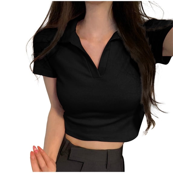 Fengactive Womens Cute Short Sleeve Shirts Collared V Neck Crop Tops Slim Fitted Basic Tees Casual Blouse