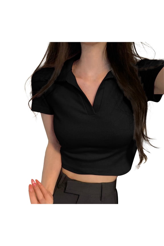 Womens Cute Short Sleeve Shirts Collared V Neck Crop Tops Slim Fitted Basic Y2k Tees Casual Blouse