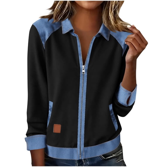 Fengactive Womens Denim Patchwork Zip Up Collar Jacket Casual Long Sleeve Lightweight Daily Wear Top