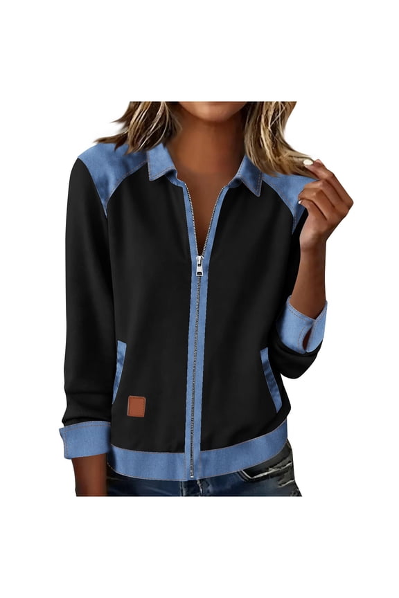 Womens Denim Patchwork Zip Up Collar Jacket Casual Long Sleeve Lightweight Daily Wear Top