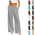 thumbnail image 1 of Fengactive Womens Elastic Back Waist Linen Blend Wide Leg Pants Button Zip Solid Straight Trousers with Side Pockets For Daily Casual Outfits, 1 of 7