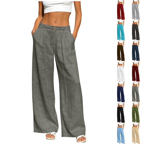 Fengactive Womens Elastic Back Waist Linen Blend Wide Leg Pants Button Zip Solid Straight Trousers with Side Pockets For Daily Casual Outfits