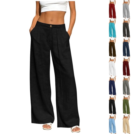 Fengactive Womens Elastic Back Waist Linen Blend Wide Leg Pants Button Zip Solid Straight Trousers with Side Pockets For Daily Casual Outfits