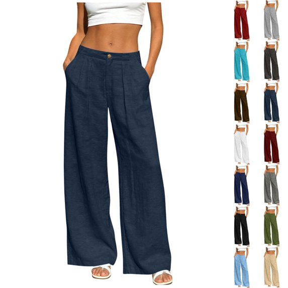 Fengactive Womens Elastic Back Waist Linen Blend Wide Leg Pants Button Zip Solid Straight Trousers with Side Pockets For Daily Casual Outfits