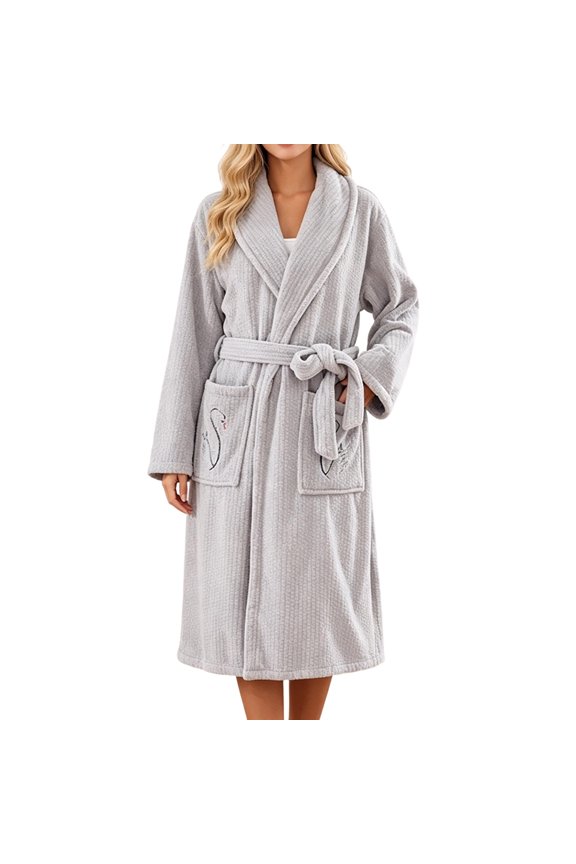 Womens Embroidered Fleece Robe Shawl Collar Ribbed Mid Length Bathrobe with Pockets