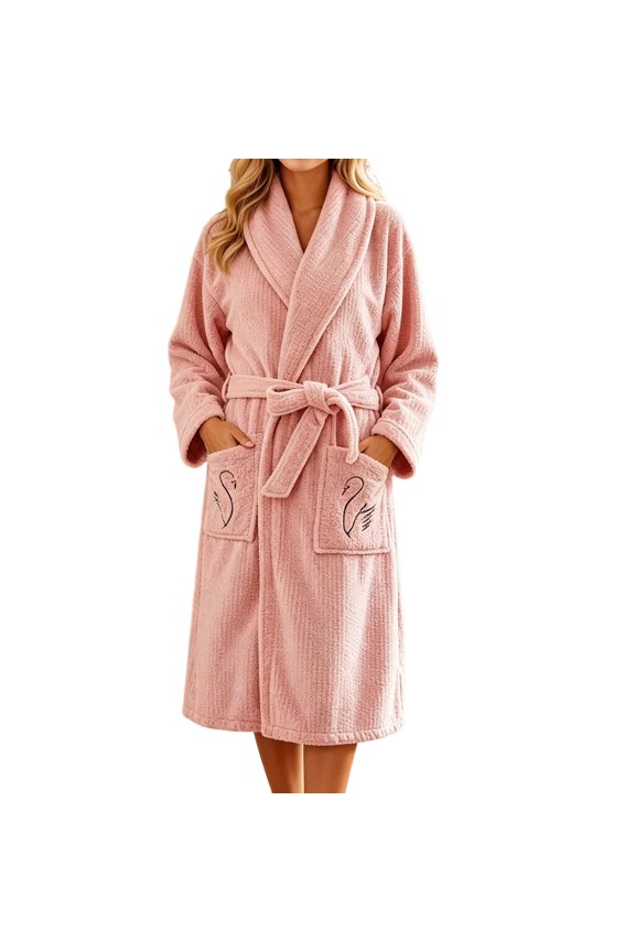 Womens Embroidered Fleece Robe Shawl Collar Ribbed Mid Length Bathrobe with Pockets
