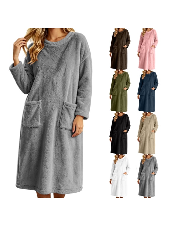 Womens Fleece Nightgown Long Sleeve Crew Neck Long Length Sleep Dress with Pockets Winter Loungewear
