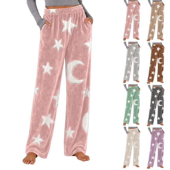 Fengactive Womens Fleece Pajama Pants Star Moon Print High Waist Wide Leg Lounge Pants with Pockets
