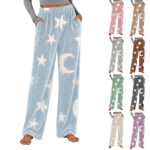Fengactive Womens Fleece Pajama Pants Star Moon Print High Waist Wide Leg Lounge Pants with Pockets