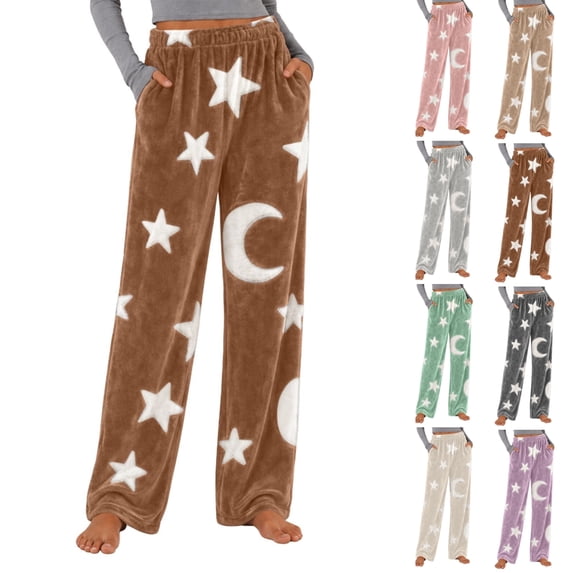 Fengactive Womens Fleece Pajama Pants Star Moon Print High Waist Wide Leg Lounge Pants with Pockets