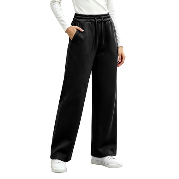 QINGFSAP Womens Fleece Sweatpants with Pockets Drawstring Waist Straight Leg Casual Daily Long Pants