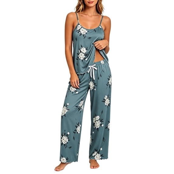 Fengactive Womens Floral Pajama Set Spaghetti Strap Cami Top and Drawstring Wide Leg Pants Sleepwear