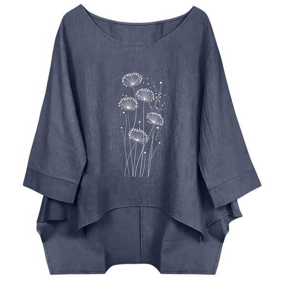 Fengactive Womens Floral Print Linen Shirts Short Sleeve Tops Loose Fit Cotton Blouses Trendy Clothing