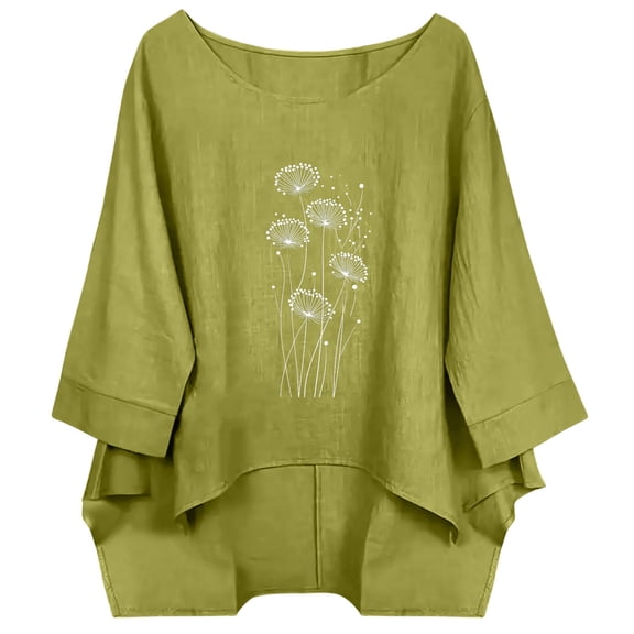 Fengactive Womens Floral Print Linen Shirts Short Sleeve Tops Loose Fit Cotton Blouses Trendy Clothing