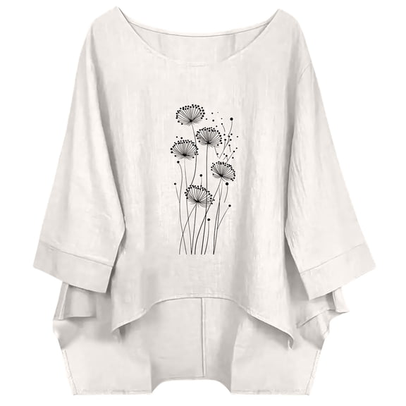 Fengactive Womens Floral Print Linen Shirts Short Sleeve Tops Loose Fit Cotton Blouses Trendy Clothing