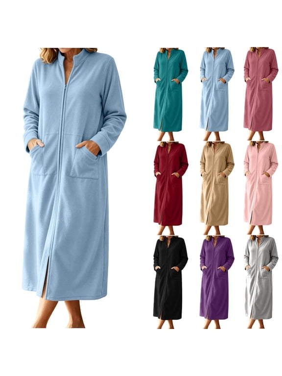 Womens Full Length Zip Up Robe Fleece Long Sleeve Winter Cozy Sleepwear Lounge Dress with Pockets