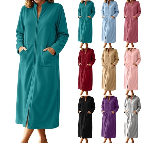 QINGFSAP Womens Full Length Zip Up Robe Fleece Long Sleeve Winter Cozy Sleepwear Lounge Dress with Pockets