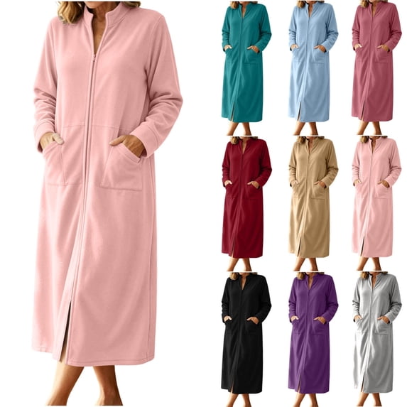 QINGFSAP Womens Full Length Zip Up Robe Fleece Long Sleeve Winter Cozy Sleepwear Lounge Dress with Pockets
