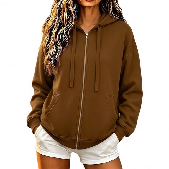 Fengactive Womens Full Zip Hoodie Drop Shoulder Side Pockets Long Sleeve Casual Jacket Sweatshirt