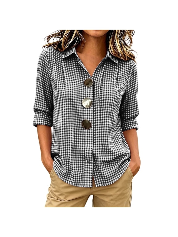 Womens Gingham Button Down Shirt Oversized Metal Buttons Long Sleeve Relaxed Blouse