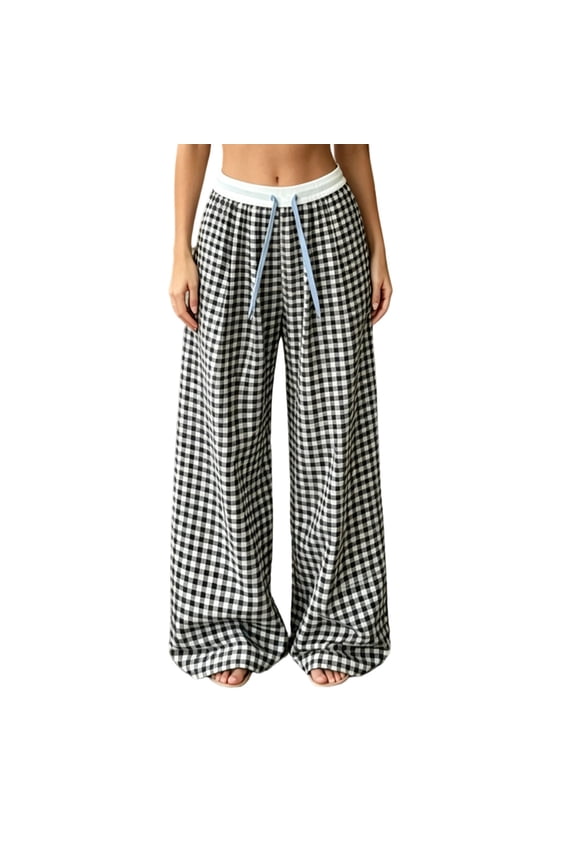 Womens Gingham Lounge Pants Contrast Waistband Drawstring Wide Leg Floor Length