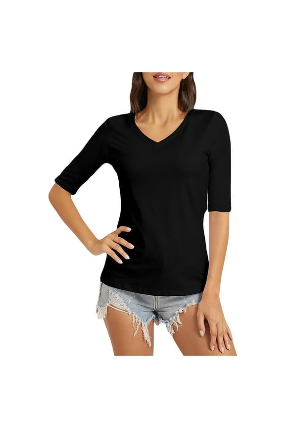 Womens Half Sleeve V Neck T Shirts Elbow Length Sleeve Shirt Slim Fit Tunic Top Casual Fall Tee Basic Base Plus Size