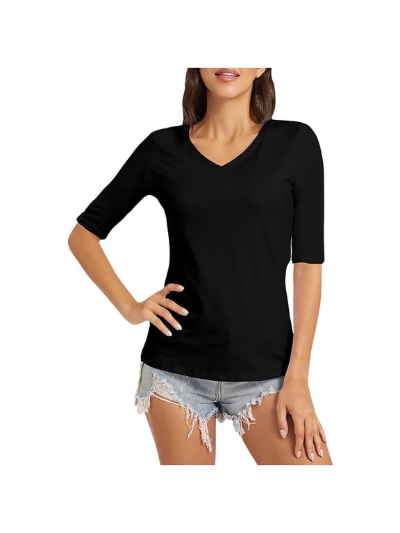Womens Half Sleeve V Neck T Shirts Elbow Length Sleeve Shirt Slim Fit Tunic Top Casual Fall Tee Basic Base Plus Size