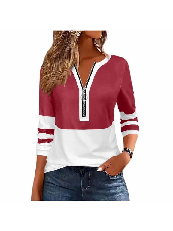 Womens Half Zip Color Block Top Long Sleeve V Neck Casual Relaxed Tee